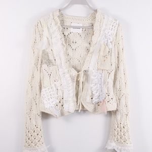 Girly Embroidered Patchwork Crocheted Cardigan w/ Bow Ties - MEDIUM